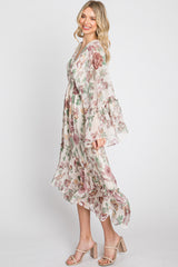 Cream Floral Chiffon Long Sleeve Midi Dress