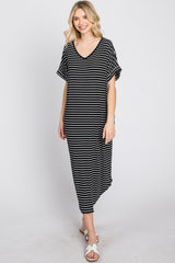 Black Striped Ribbed Curved Hem Maternity Midi Dress