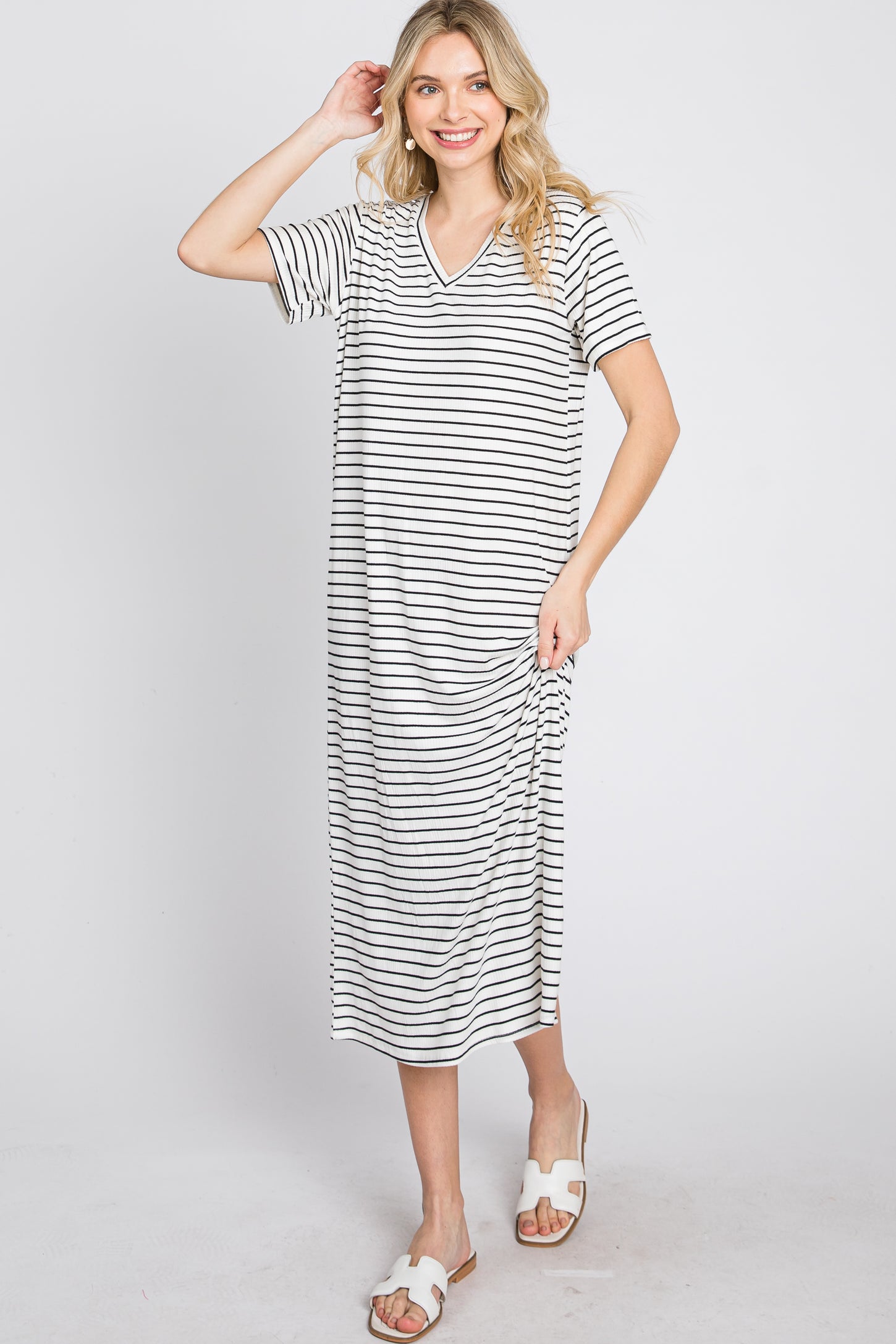 Ivory Striped Ribbed Maternity Midi Dress– PinkBlush