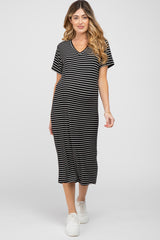 Black Striped Ribbed Maternity Midi Dress