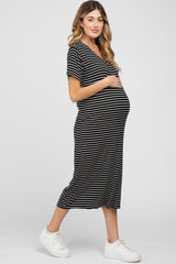 Black Striped Ribbed Maternity Midi Dress