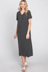 Black Striped Ribbed Maternity Midi Dress