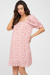 Pink Floral Short Puff Sleeve Maternity Dress