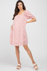 Pink Floral Short Puff Sleeve Maternity Dress