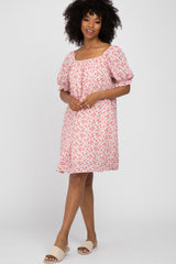 Pink Floral Short Puff Sleeve Maternity Dress