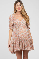 Mauve Floral Ruffle Accent Maternity Mini Dress