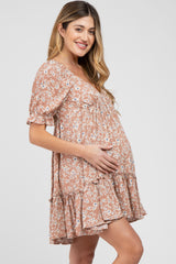 Mauve Floral Ruffle Accent Maternity Mini Dress