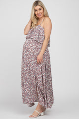 Mauve Floral Flounce Maternity Maxi Dress