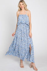 Light Blue Floral Flounce Maxi Dress