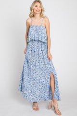 Light Blue Floral Flounce Maxi Dress