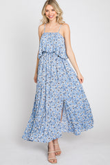 Light Blue Floral Flounce Maxi Dress