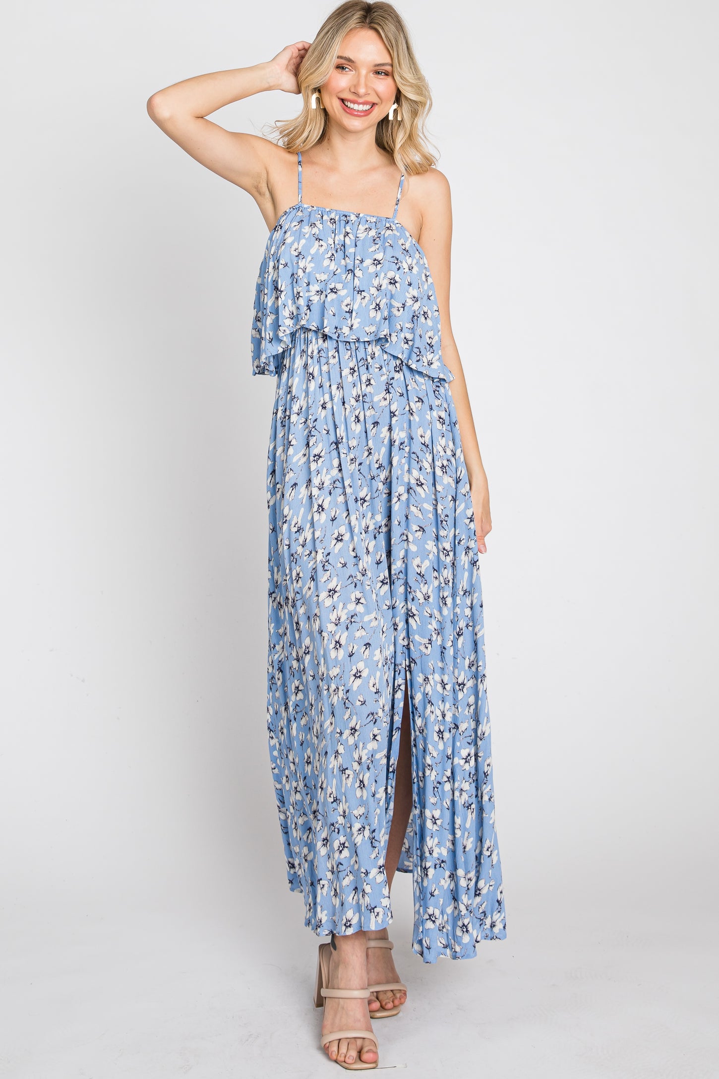 Light Blue Floral Flounce Maxi Dress– PinkBlush