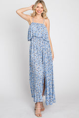 Light Blue Floral Flounce Maxi Dress