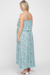 Aqua Floral Flounce Maternity Maxi Dress