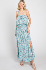 Aqua Floral Flounce Maxi Dress