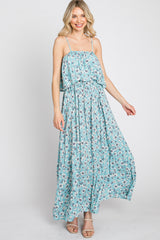 Aqua Floral Flounce Maxi Dress