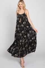 Black Floral Tiered Tassel Accent Maxi Dress