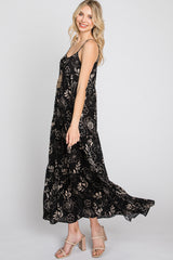 Black Floral Tiered Tassel Accent Maxi Dress