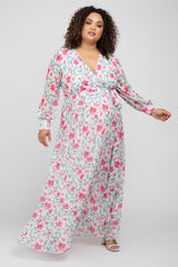 Ivory Floral Chiffon Long Sleeve Pleated Maternity Plus Maxi Dress