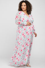 Ivory Floral Chiffon Long Sleeve Pleated Maternity Plus Maxi Dress