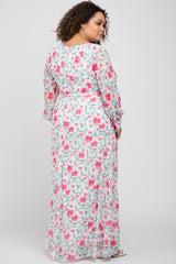 Ivory Floral Chiffon Long Sleeve Pleated Maternity Plus Maxi Dress