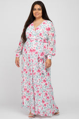 Ivory Floral Chiffon Long Sleeve Pleated Maternity Plus Maxi Dress