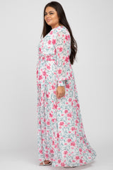 Ivory Floral Chiffon Long Sleeve Pleated Maternity Plus Maxi Dress