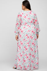 Ivory Floral Chiffon Long Sleeve Pleated Maternity Plus Maxi Dress