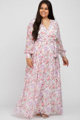 White Floral Chiffon Long Sleeve Pleated Plus Maxi Dress