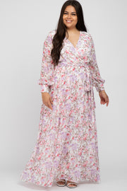 White Floral Chiffon Long Sleeve Pleated Plus Maxi Dress