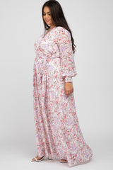 White Floral Chiffon Long Sleeve Pleated Plus Maxi Dress