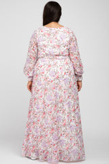 White Floral Chiffon Long Sleeve Pleated Plus Maxi Dress