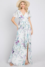 White Floral Chiffon Short Sleeve Maxi Dress