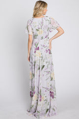 Lavender Floral Chiffon Short Sleeve Maxi Dress