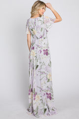 Lavender Floral Chiffon Short Sleeve Maxi Dress