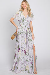 Lavender Floral Chiffon Short Sleeve Maxi Dress