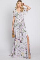 Lavender Floral Chiffon Short Sleeve Maxi Dress