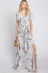 Lavender Floral Chiffon Short Sleeve Maxi Dress