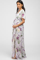 Lavender Floral Chiffon Short Sleeve Maternity Maxi Dress