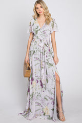 Lavender Floral Chiffon Short Sleeve Maternity Maxi Dress