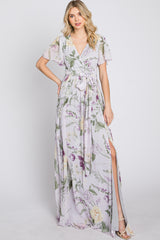 Lavender Floral Chiffon Short Sleeve Maxi Dress