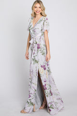 Lavender Floral Chiffon Short Sleeve Maxi Dress