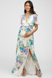 Blue Floral Chiffon Short Sleeve Side Slit Maternity Maxi Dress