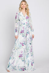 White Floral Chiffon Long Sleeve Pleated Maxi Dress