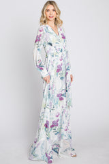 White Floral Chiffon Long Sleeve Pleated Maxi Dress