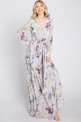 Lavender Floral Chiffon Long Sleeve Pleated Maxi Dress