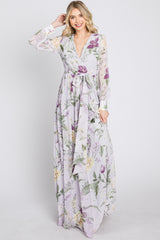 Lavender Floral Chiffon Long Sleeve Pleated Maxi Dress