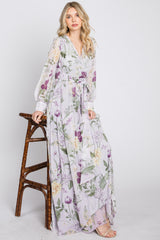 Lavender Floral Chiffon Long Sleeve Pleated Maxi Dress