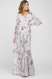 Lavender Floral Chiffon Long Sleeve Pleated Maternity Maxi Dress