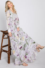 Lavender Floral Chiffon Long Sleeve Pleated Maxi Dress